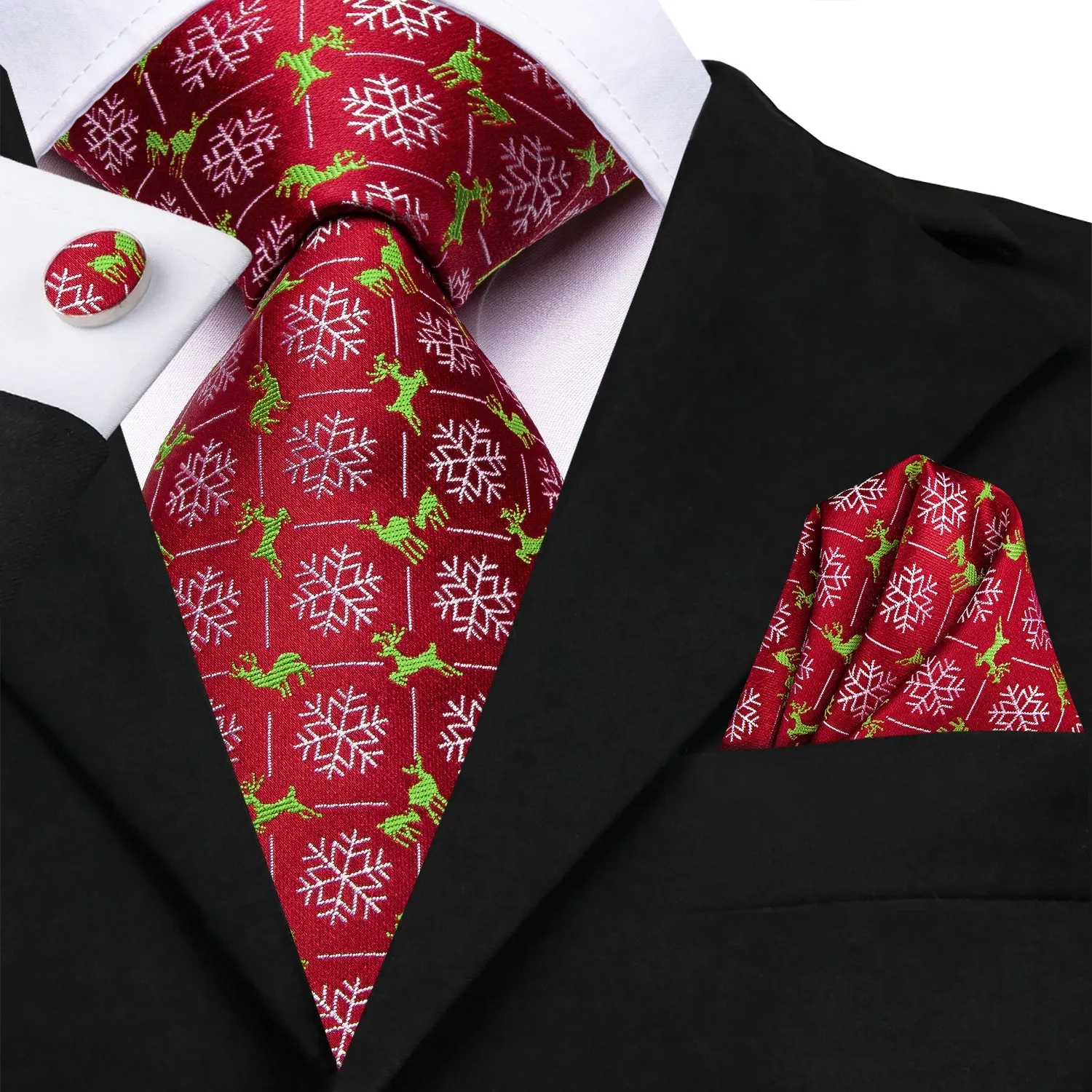 Christmas Red White Snowflake Deer Men's Necktie Hanky Cufflinks Set sold by Ties2You product image thumbnail 2