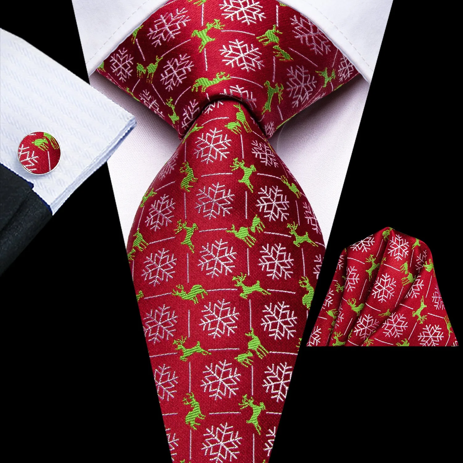 Christmas Red White Snowflake Deer Men's Necktie Hanky Cufflinks Set sold by Ties2You