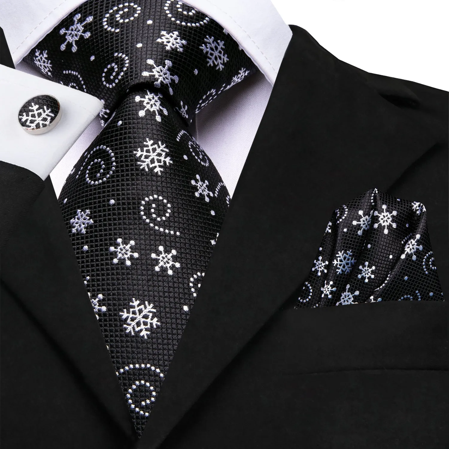 Christmas Black White Snowflake Men's Necktie Pocket Square Cufflinks Set sold by Ties2You product image thumbnail 2