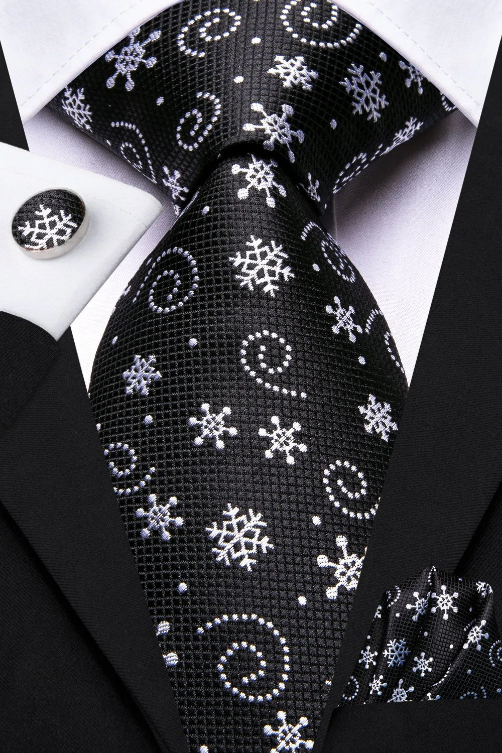 Christmas Black White Snowflake Men's Necktie Pocket Square Cufflinks Set sold by Ties2You product image thumbnail 3