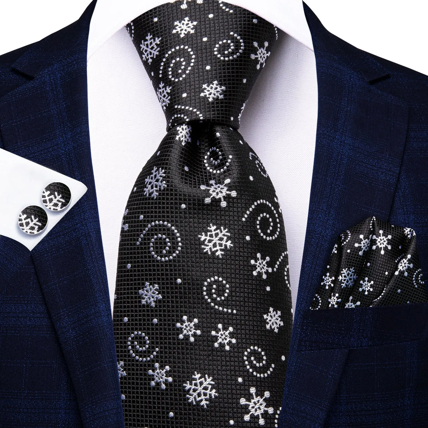 Christmas Black White Snowflake Men's Necktie Pocket Square Cufflinks Set sold by Ties2You product image thumbnail 4