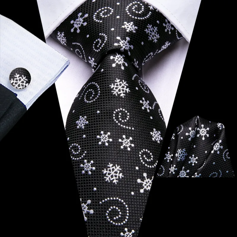 Christmas Black White Snowflake Men's Necktie Pocket Square Cufflinks Set sold by Ties2You