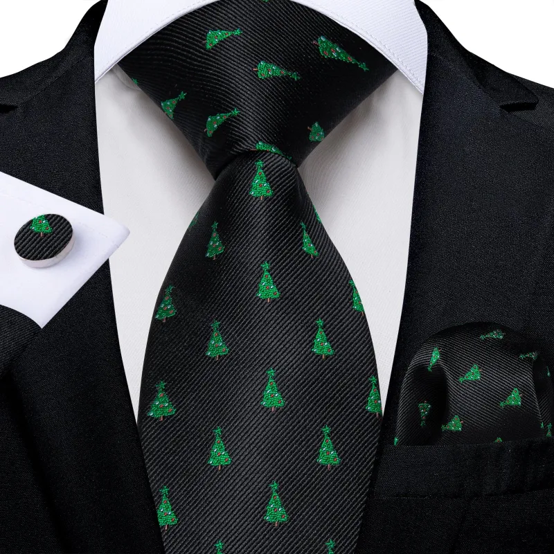 Christmas Black Green Trees Silk Men's Necktie Pocket Square Cufflinks Set sold by Ties2You