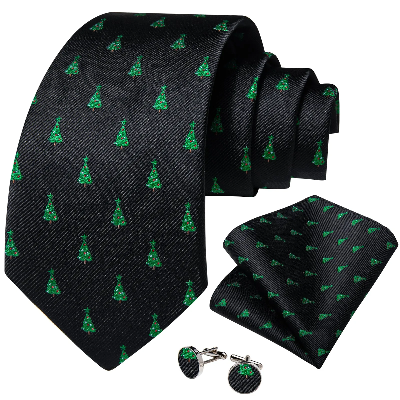 Christmas Black Green Trees Silk Men's Necktie Pocket Square Cufflinks Set sold by Ties2You product image thumbnail 2