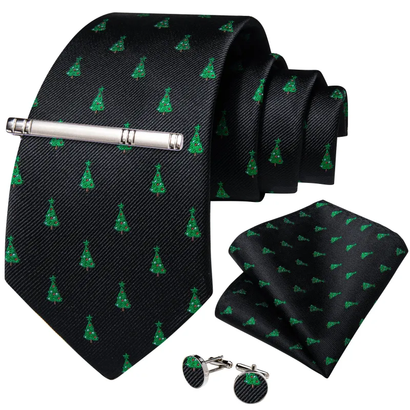 Black Green Christmas Trees Silk Men's Necktie Pocket Square Cufflinks Set with Clip sold by Ties2You