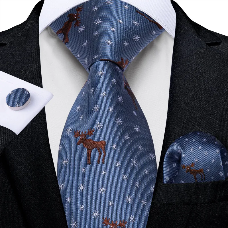 Christmas Blue Brown White Snowflake Deers Silk Men's Necktie Pocket Square Cufflinks Set sold by Ties2You