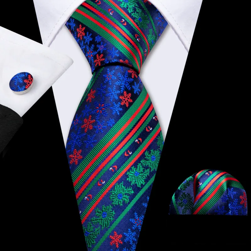Christmas Blue Green Snowflakes Silk Men's Necktie Pocket Square Cufflinks Set sold by Ties2You