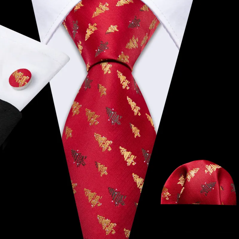 Red Christmas Tree Novelty Silk Men's Necktie Pocket Square Cufflinks Set sold by Ties2You