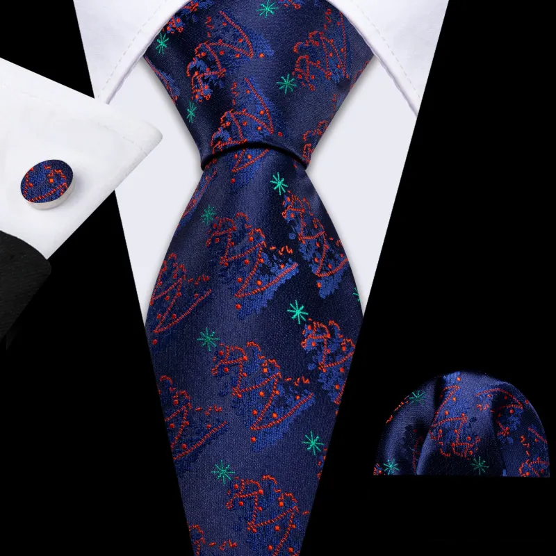 Navy Blue Red Christmas Tree Silk Men's Necktie Pocket Square Cufflinks Set sold by Ties2You