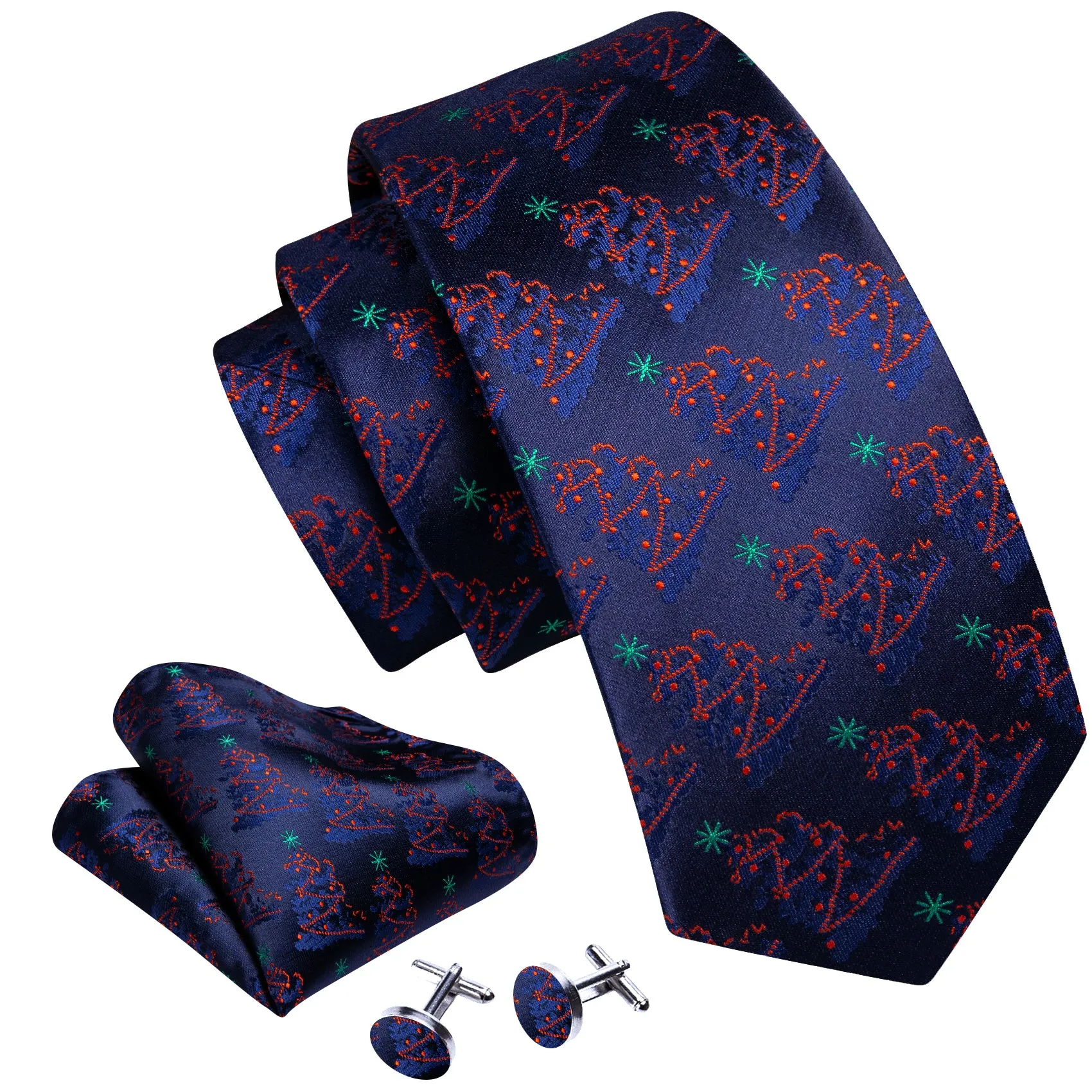 Navy Blue Red Christmas Tree Silk Men's Necktie Pocket Square Cufflinks Set sold by Ties2You product image thumbnail 2