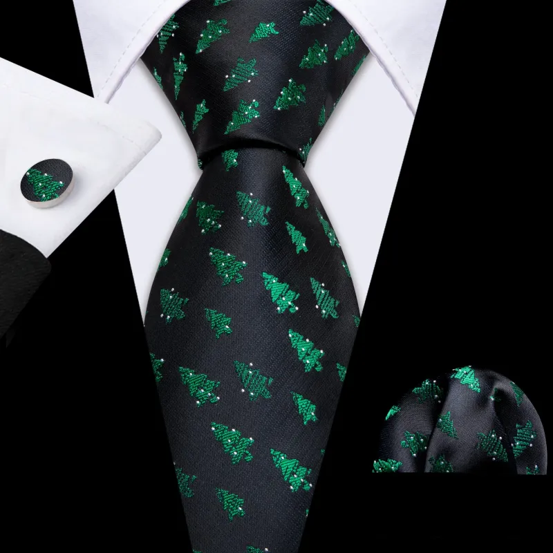 Black Green Christmas Tree Silk Men's Necktie Pocket Square Cufflinks Set sold by Ties2You