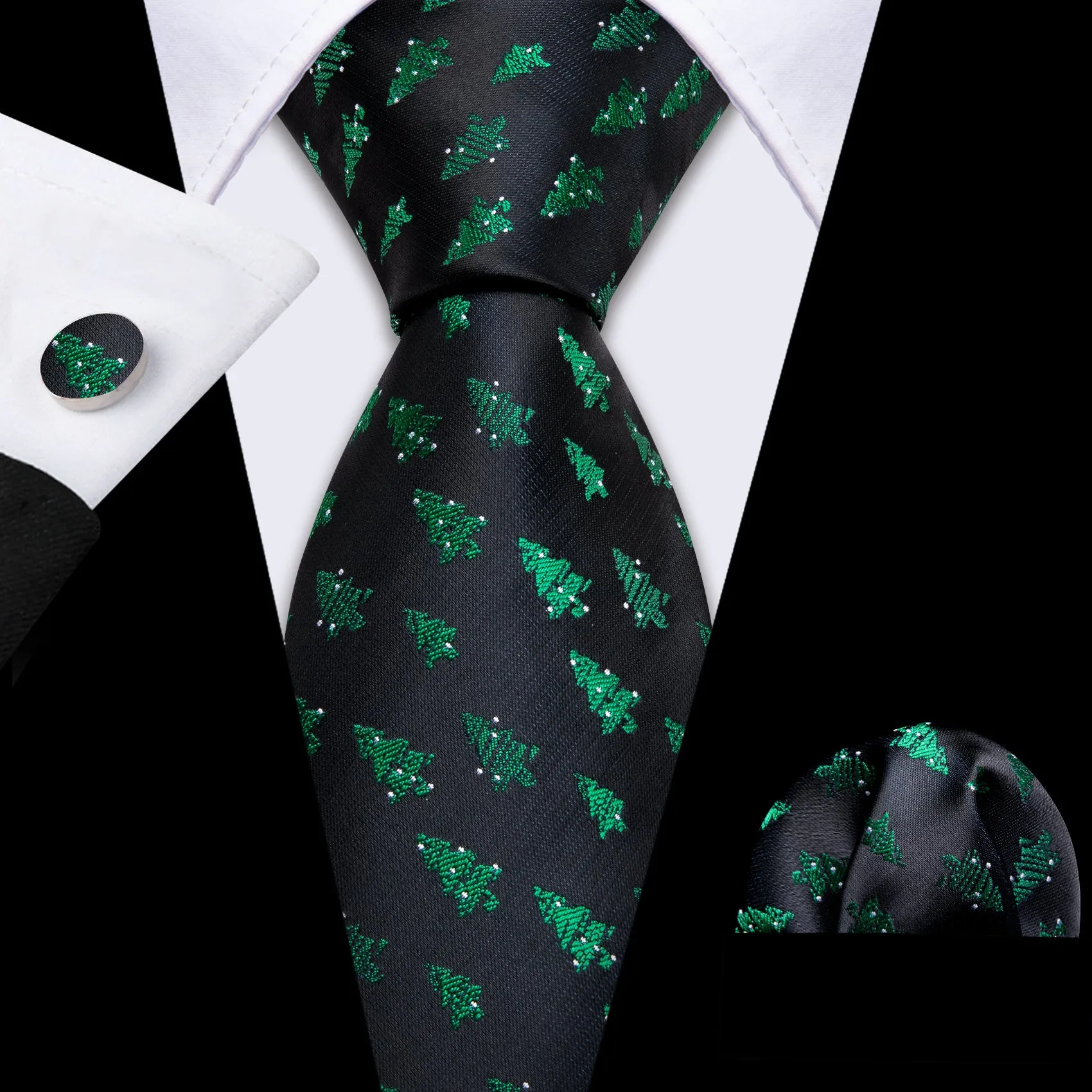 Black Green Christmas Tree Silk Men's Necktie Pocket Square Cufflinks Set sold by Ties2You