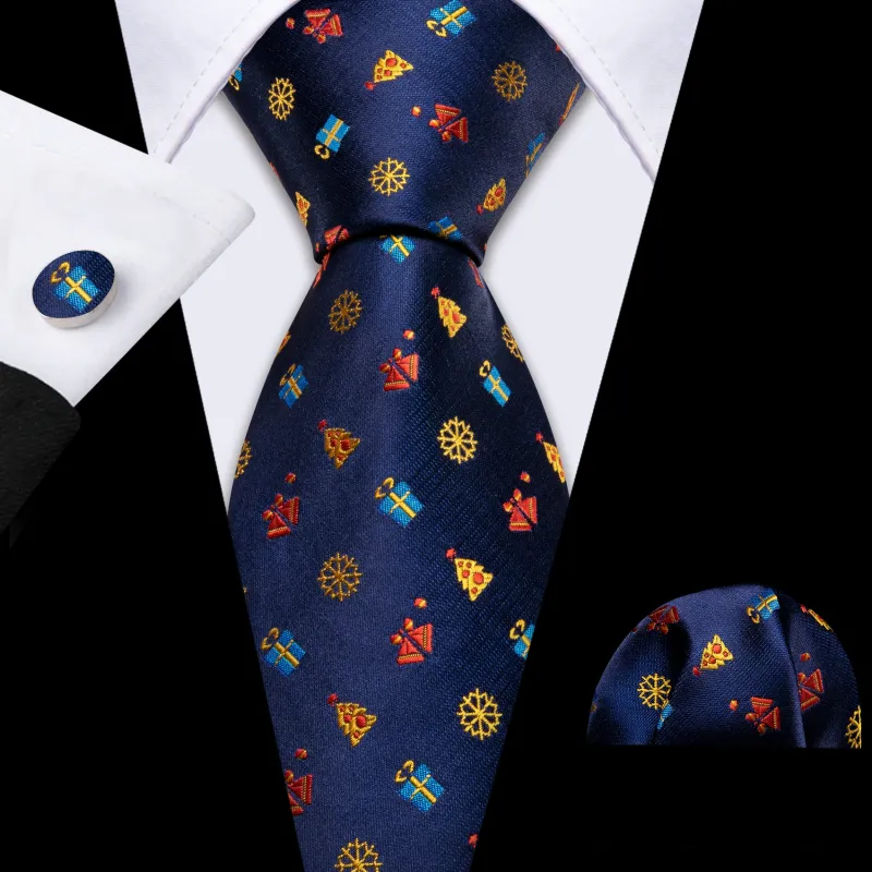 Navy Blue Novelty Silk Men's Christmas Necktie Pocket Square Cufflinks Set sold by Ties2You