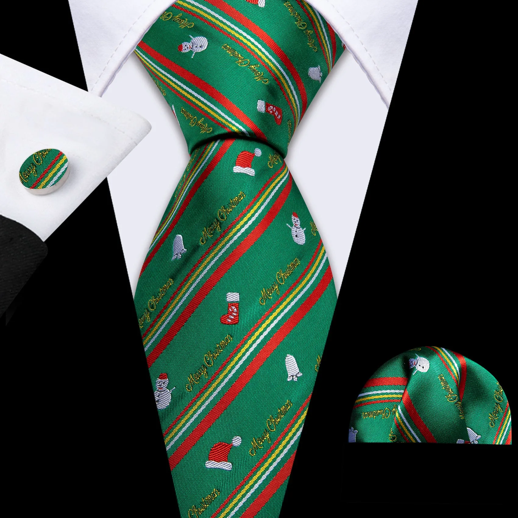 Green Christmas Pattern Silk Men's Necktie Pocket Square Cufflinks Set sold by Ties2You