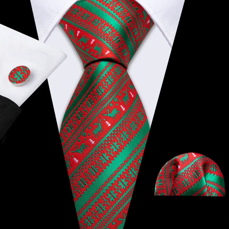 Red Gree Christmas Pattern Silk Men's Necktie Pocket Square Cufflinks Set sold by Ties2You
