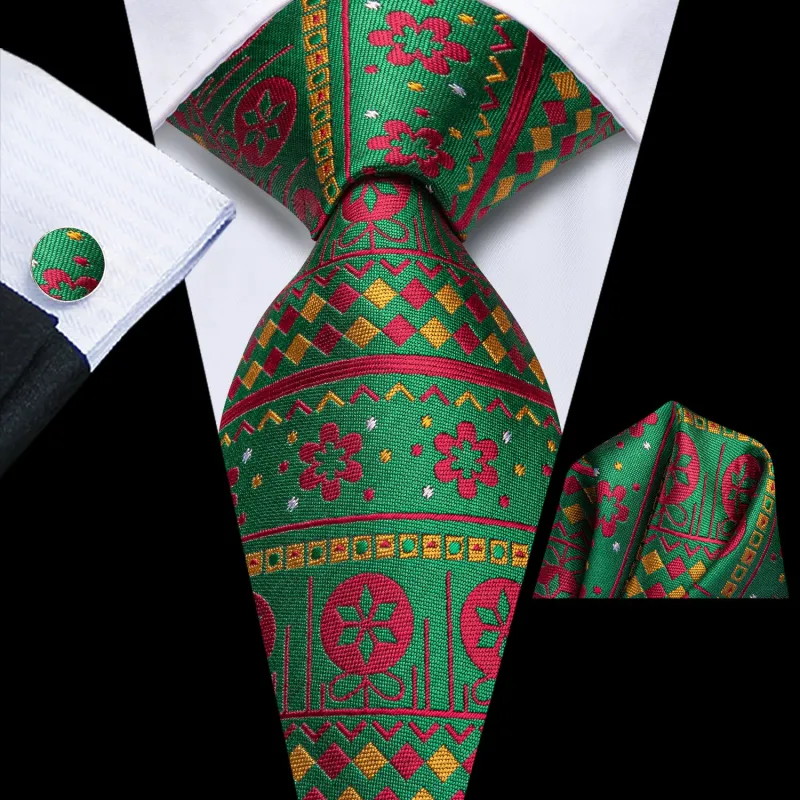 Christmas Green Red Flower Men's Necktie Hanky Cufflinks Set sold by Ties2You