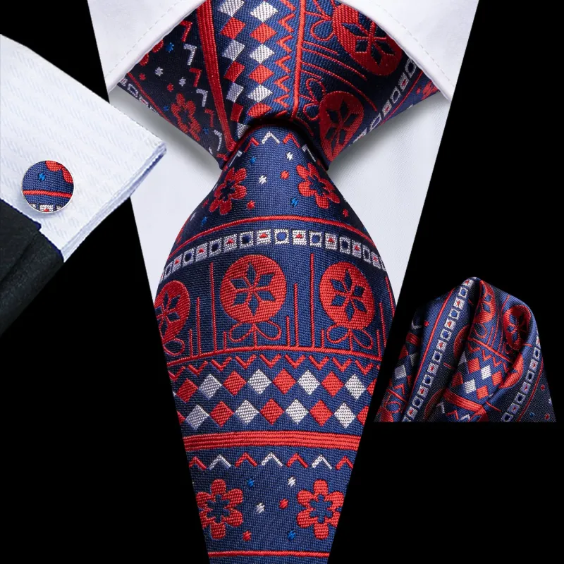 Christmas Navy Blue Red Flower Men's Necktie Hanky Cufflinks Set sold by Ties2You