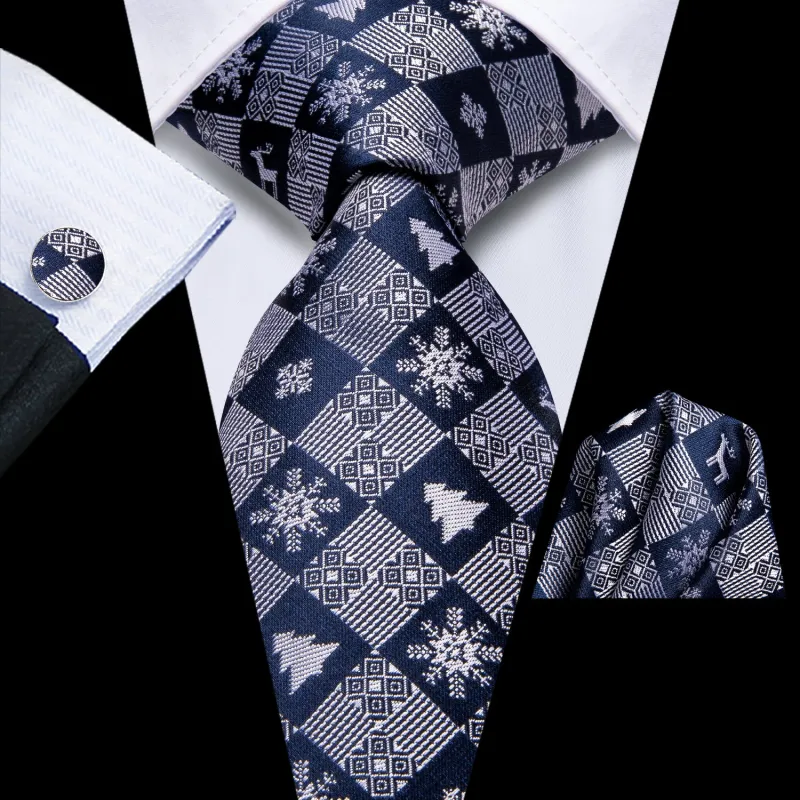 Christmas Navy Blue Plaid Tree Snow Novelty Men's Necktie Hanky Cufflinks Set sold by Ties2You