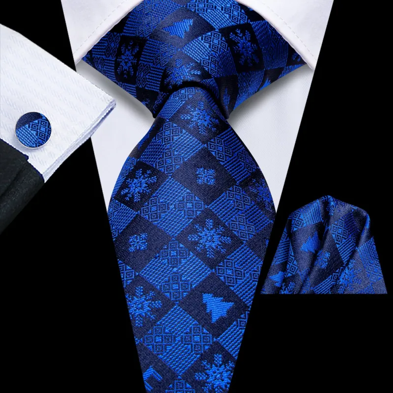 Christmas MediumBlue Plaid Tree Snow Novelty Men's Necktie Hanky Cufflinks Set sold by Ties2You