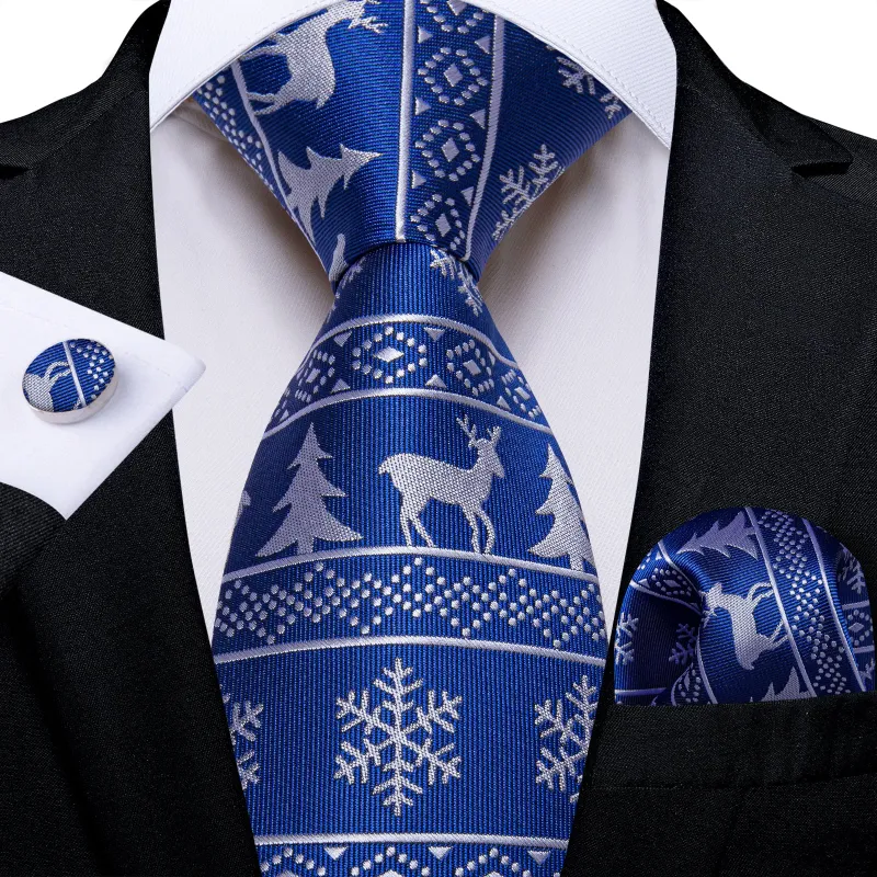 Christmas Blue White Deer Novelty Silk Men's Necktie Pocket Square Cufflinks Set sold by Ties2You
