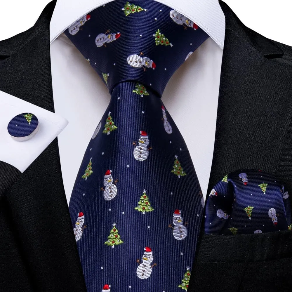 Ties2you Blue Green Christmas Tree Snowman Necktie Pocket Square Cufflinks Set sold by Ties2You