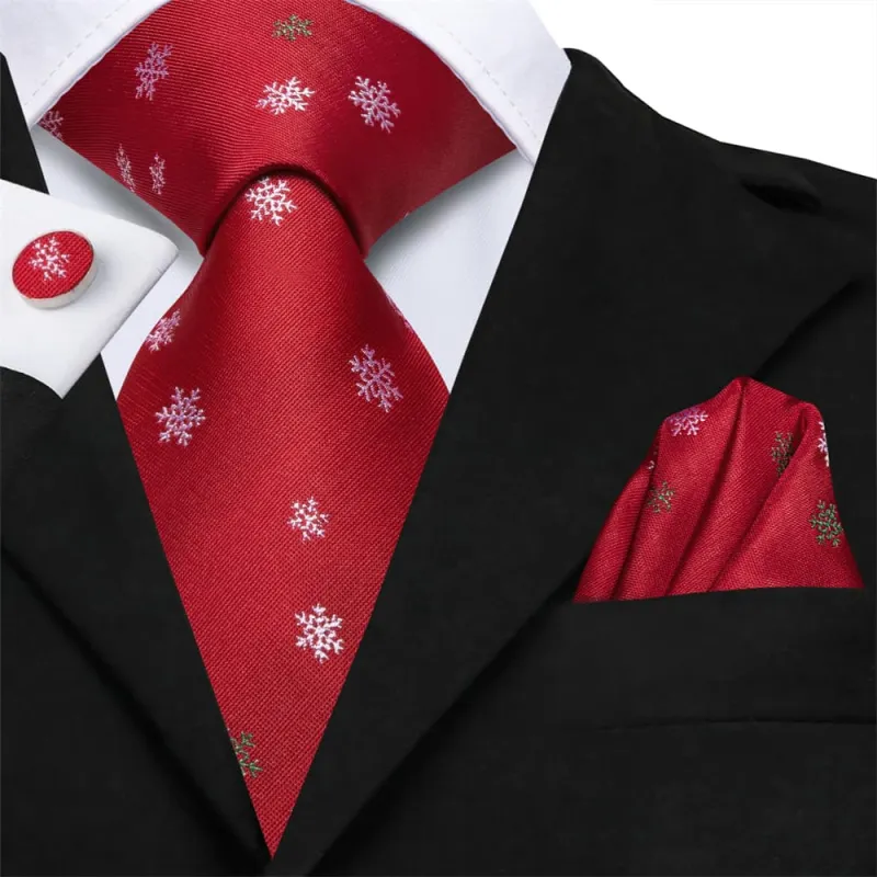 Ties2you Red White Christmas Snowflake Necktie Pocket Square Cufflinks Set sold by Ties2You