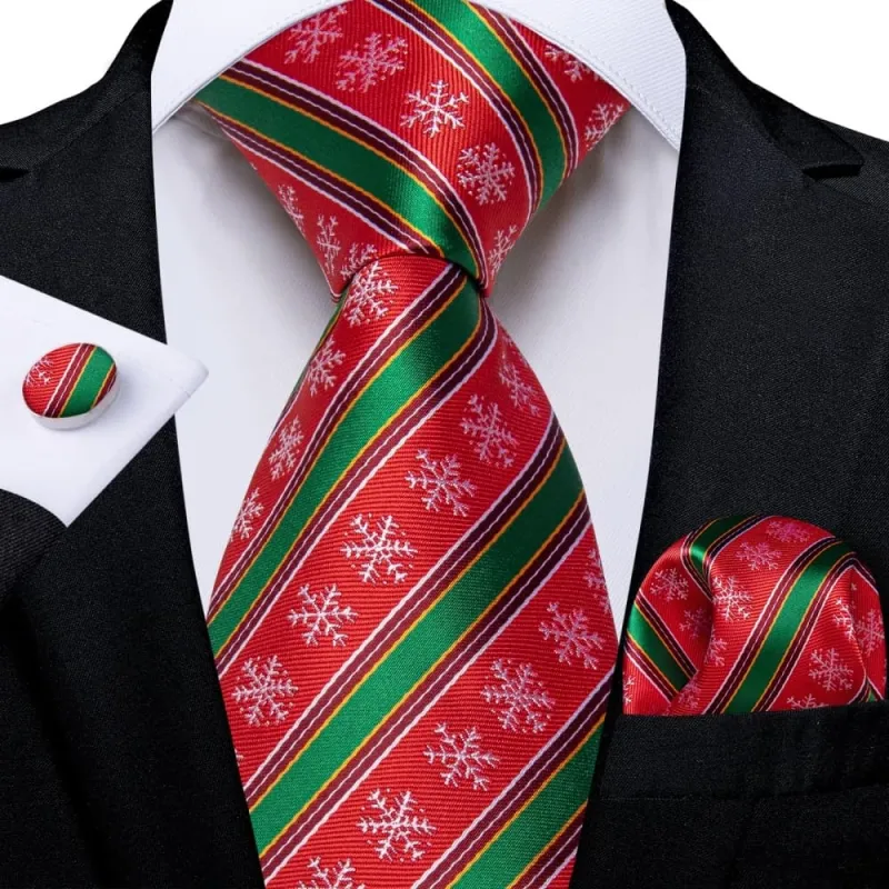 Ties2you Red Green Striped Christmas Snowflake Necktie Pocket Square Cufflinks Set sold by Ties2You
