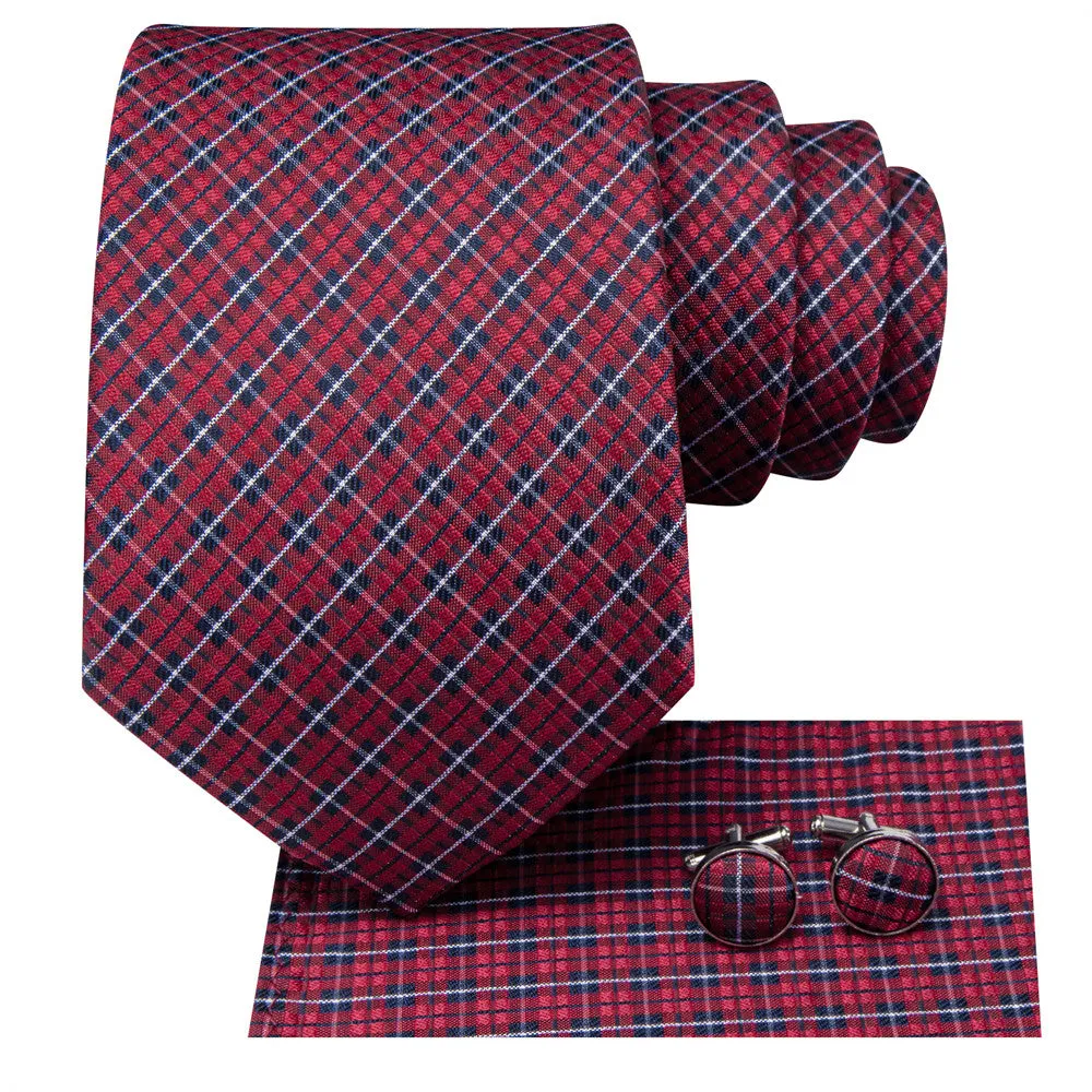 Ties2you Dark Red Plaid Men's Silk Tie Handkerchief Cufflinks Set sold by Ties2You product image thumbnail 3