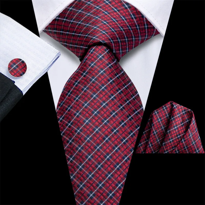 Ties2you Dark Red Plaid Men's Silk Tie Handkerchief Cufflinks Set sold by Ties2You