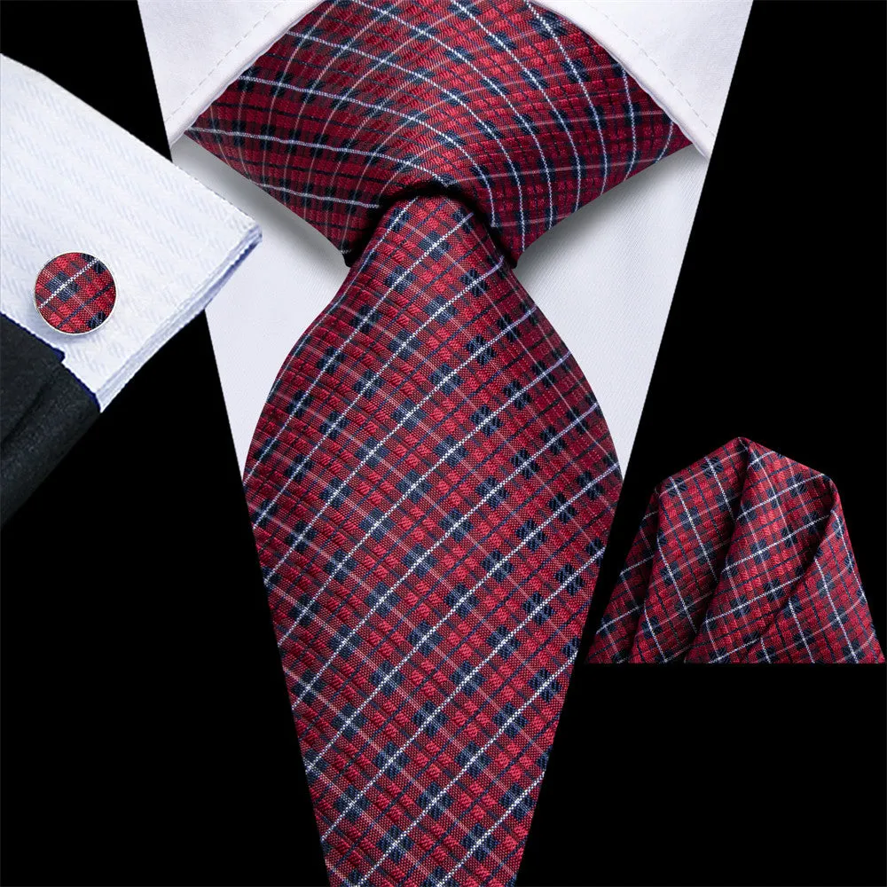 Ties2you Dark Red Plaid Men's Silk Tie Handkerchief Cufflinks Set sold by Ties2You