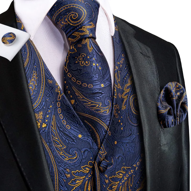 Ties2you Mens Silk Navy Blue Suit Vest Paisley Wedding Dress Vest Tie Hanky Cufflinks Set sold by Ties2You