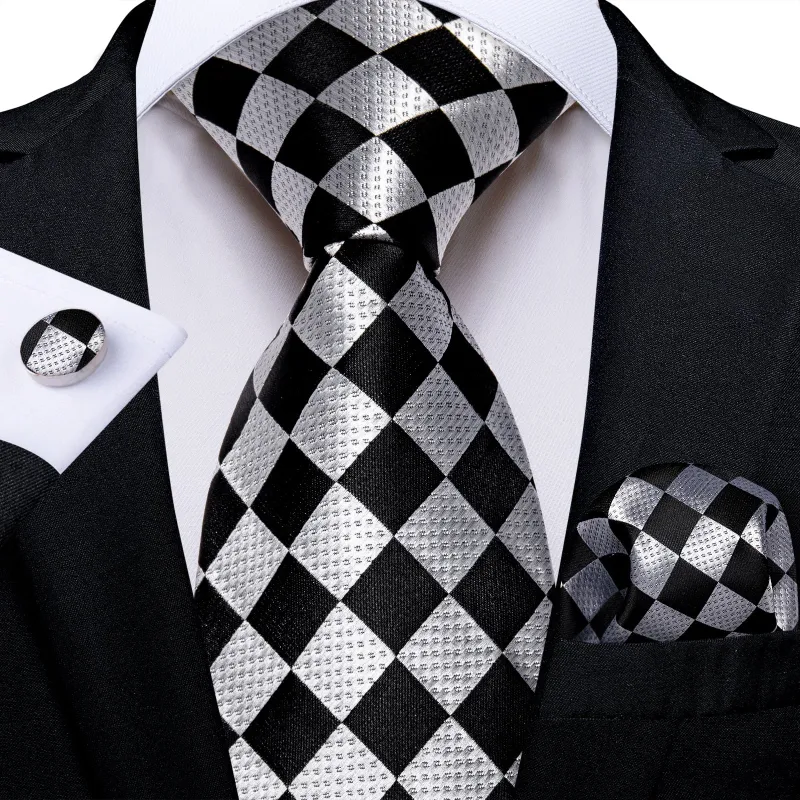 Ties2you Mens Plaid Tie Black Silver Silk Formal Necktie Hanky Cufflinks Set sold by Ties2You