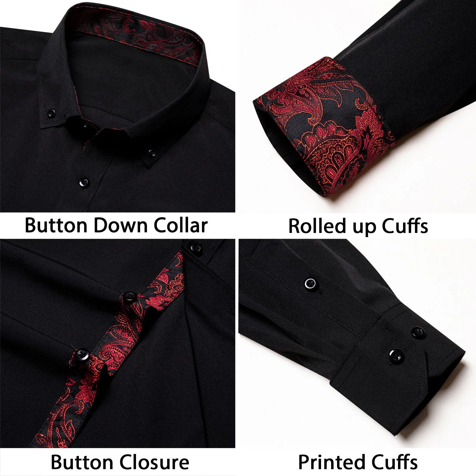 Ties2you Black Shirt Burgundy Splicing Mens Solid Long Sleeve Shirt sold by Ties2You product image thumbnail 3