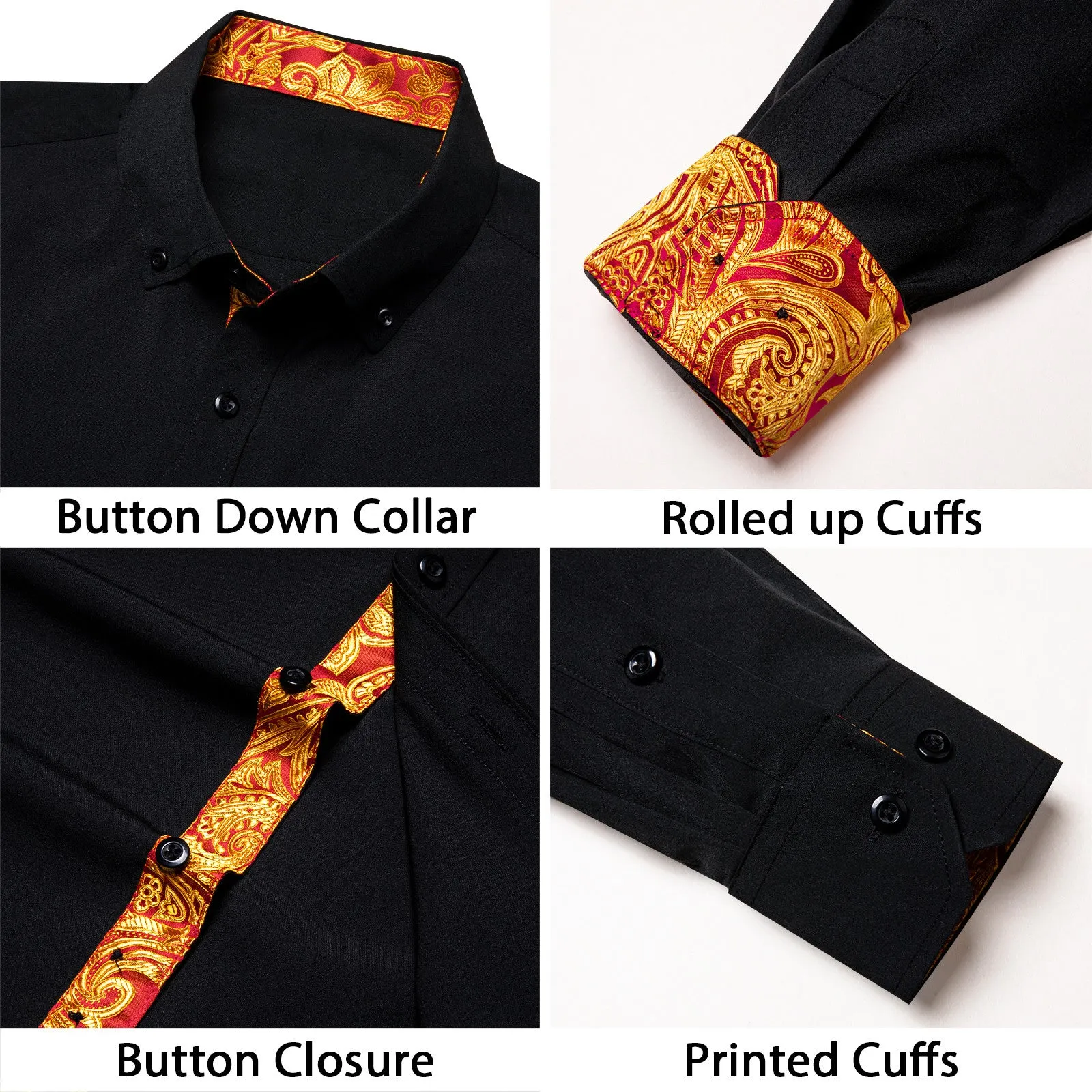 Ties2you Black Shirt Button Down Orange Floral Splicing Shirt sold by Ties2You product image thumbnail 3