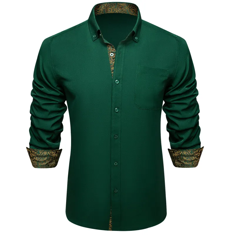 Ties2you Dark Green Shirt Button Down Gold Paisley Splicing Long Sleeve Shirt sold by Ties2You