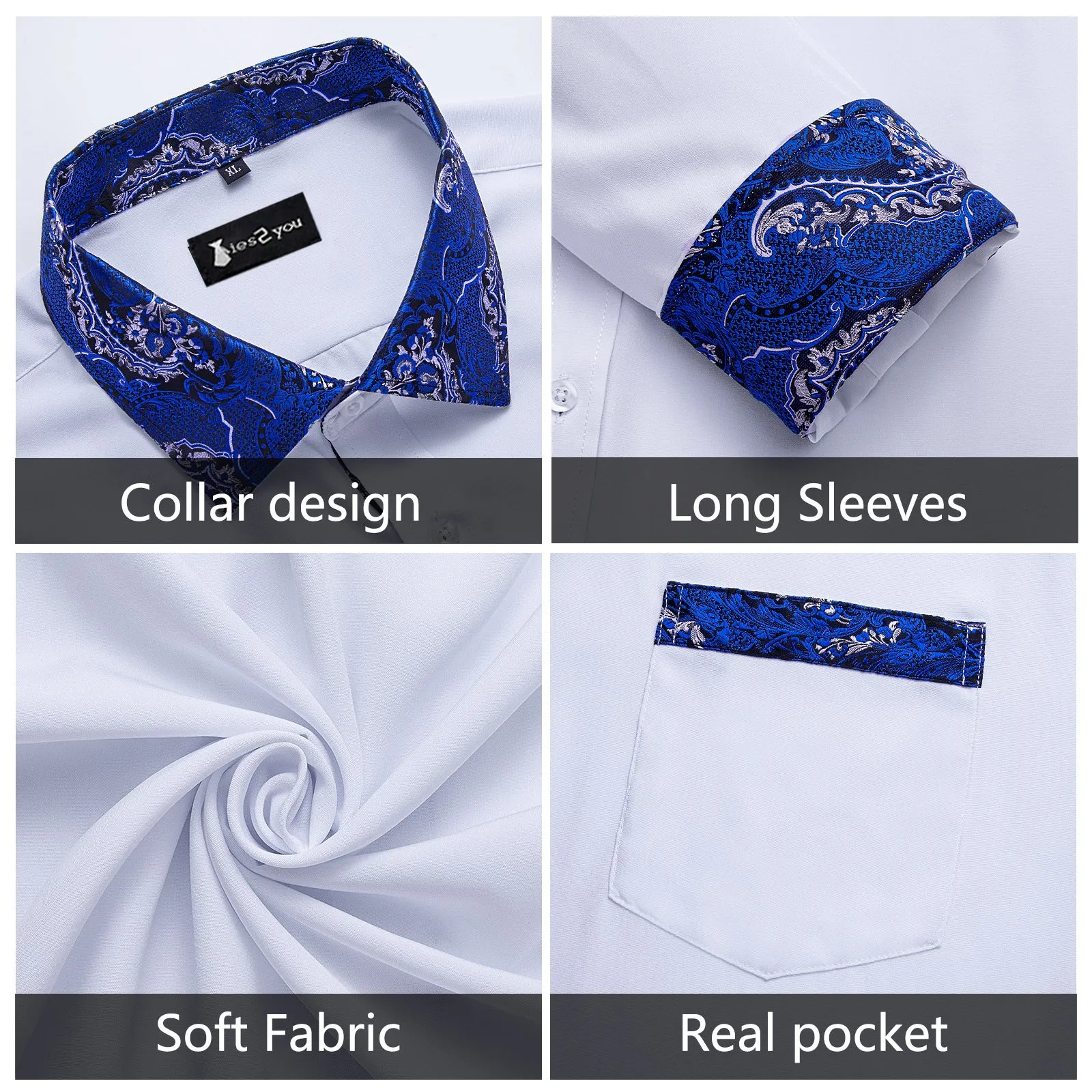 Ties2you Mens White Blue Splicing Dress Shirt Long Sleeve Button Down Business Shirt sold by Ties2You product image thumbnail 4