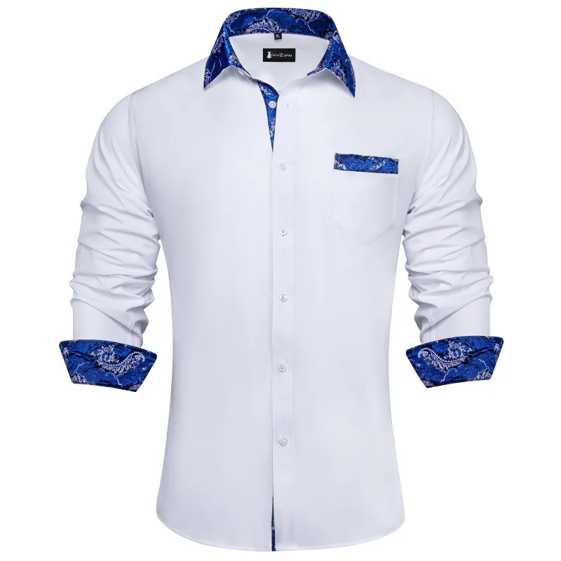Ties2you Mens White Blue Splicing Dress Shirt Long Sleeve Button Down Business Shirt sold by Ties2You