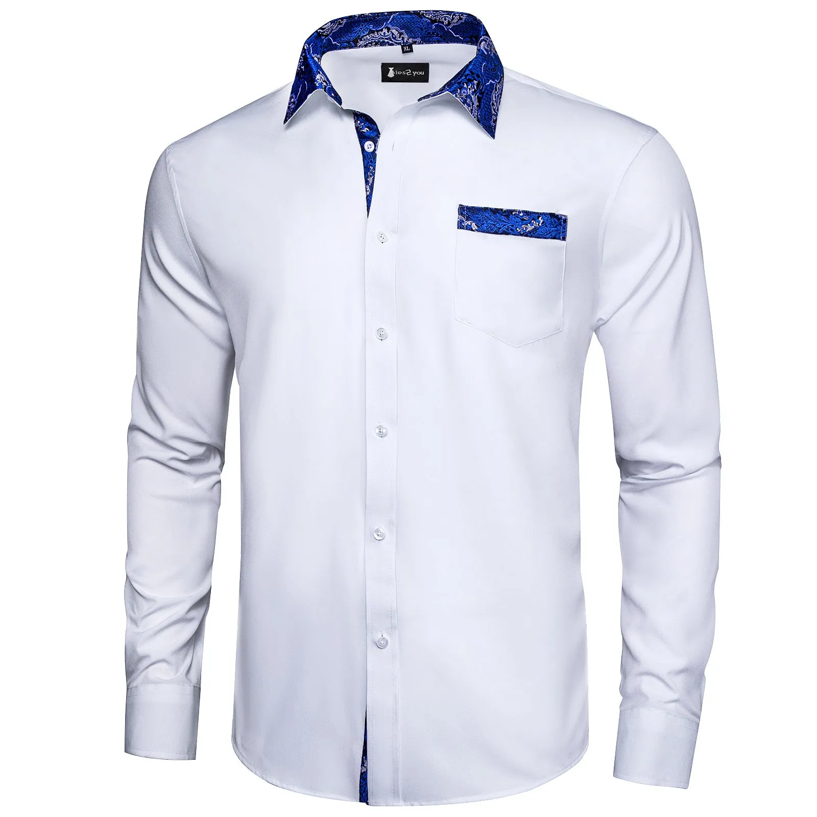 Ties2you Mens White Blue Splicing Dress Shirt Long Sleeve Button Down Business Shirt sold by Ties2You product image thumbnail 2