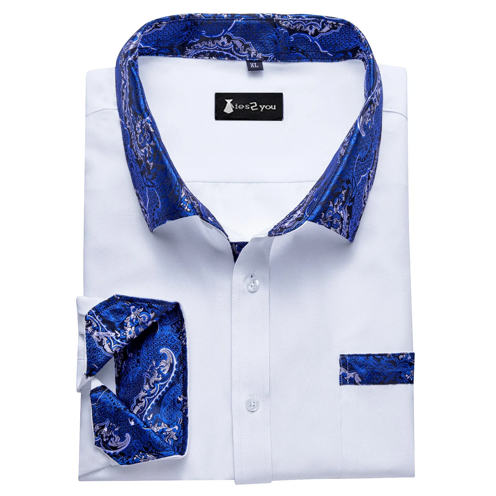 Ties2you Mens White Blue Splicing Dress Shirt Long Sleeve Button Down Business Shirt sold by Ties2You product image thumbnail 3