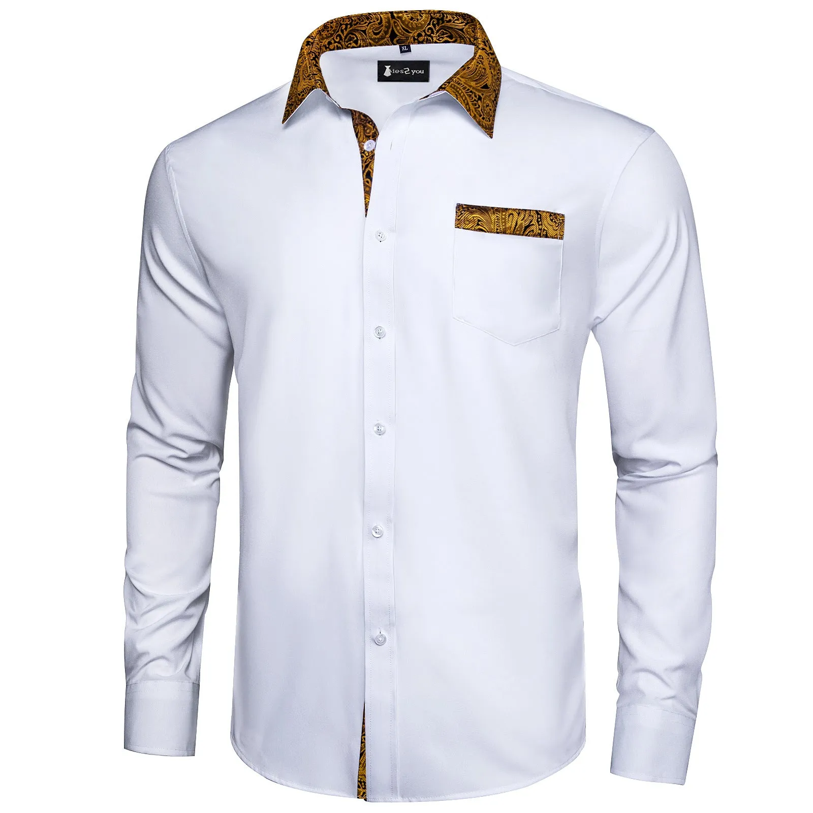Ties2you Splicing Shirt White Gold Button Down Long Sleeve Shirt for Men sold by Ties2You product image thumbnail 2
