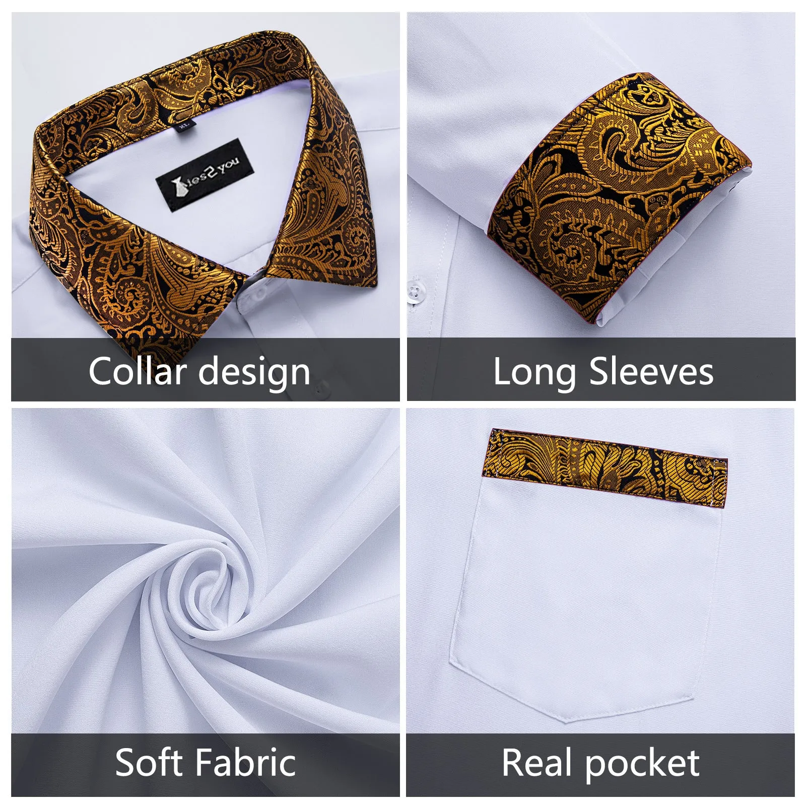 Ties2you Splicing Shirt White Gold Button Down Long Sleeve Shirt for Men sold by Ties2You product image thumbnail 4