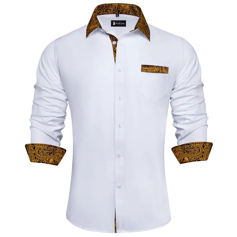 Ties2you Splicing Shirt White Gold Button Down Long Sleeve Shirt for Men sold by Ties2You
