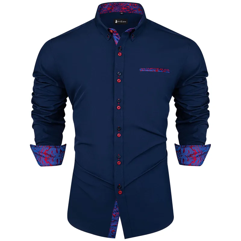 Ties2you Mens Shirt Navy Blue Splicing Dress Shirt Long Sleeve Button Down Business Shirt sold by Ties2You