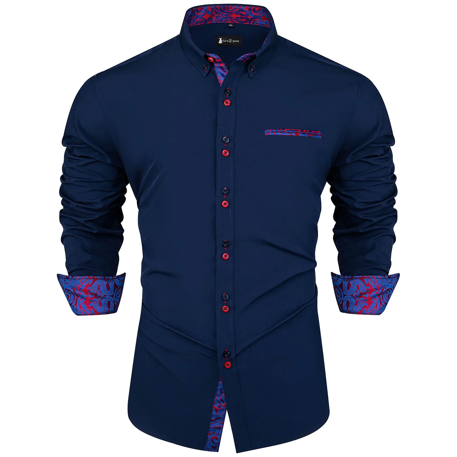 Ties2you Mens Shirt Navy Blue Splicing Dress Shirt Long Sleeve Button Down Business Shirt sold by Ties2You