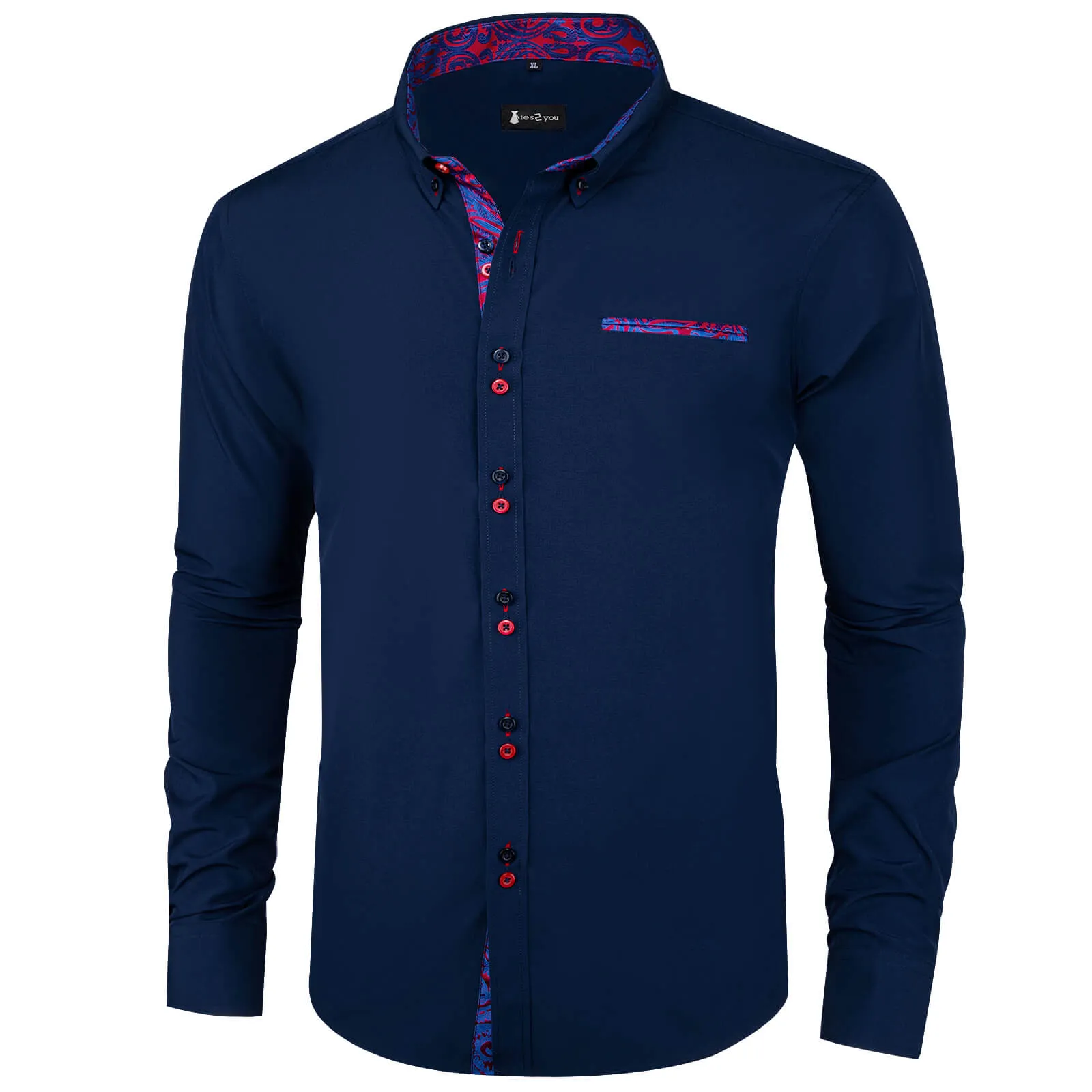 Ties2you Mens Shirt Navy Blue Splicing Dress Shirt Long Sleeve Button Down Business Shirt sold by Ties2You product image thumbnail 2