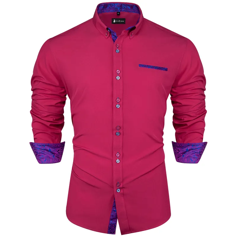 Ties2you Mens Shirt Deep Pink Splicing Long Sleeve Button Down Business Casual Shirt sold by Ties2You