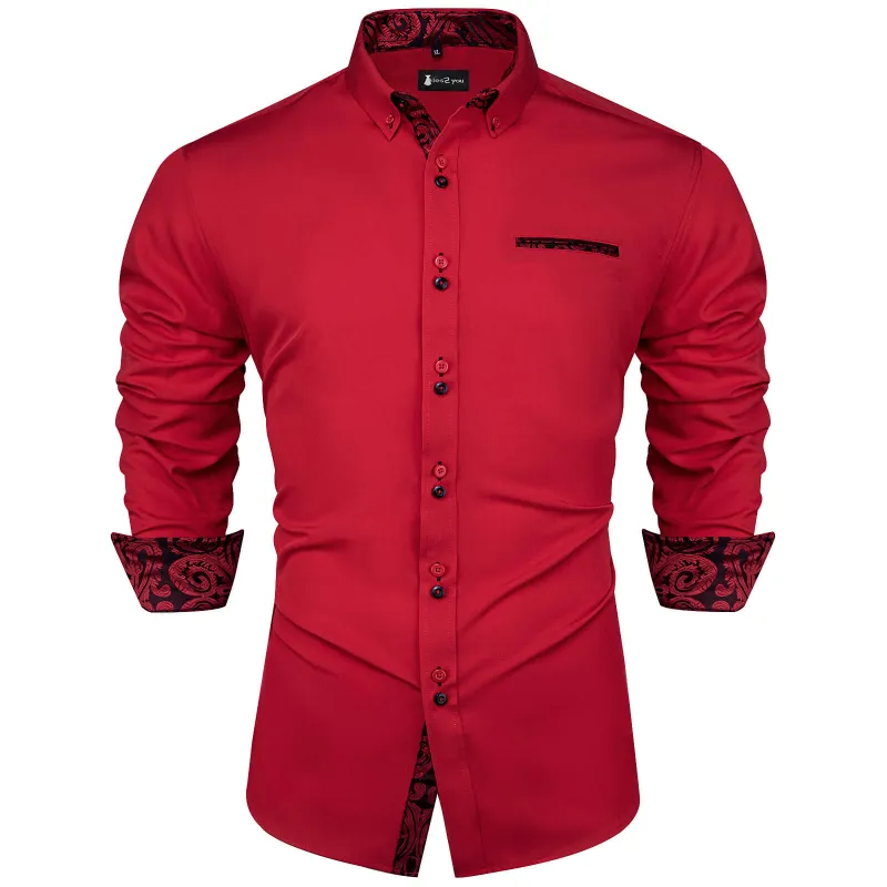 Ties2you Mens Shirt Cranberry Red Solid Shirt Splicing Long Sleeve Shirt sold by Ties2You