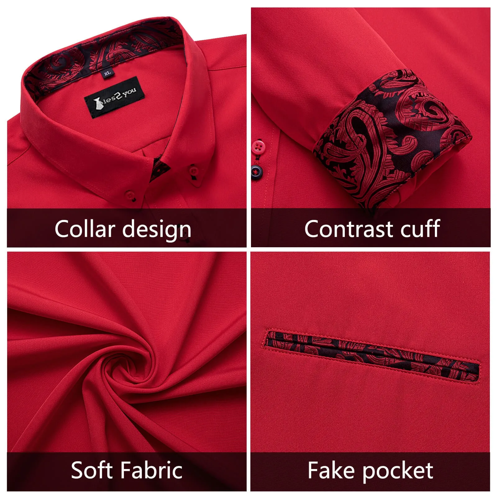 Ties2you Mens Shirt Cranberry Red Solid Shirt Splicing Long Sleeve Shirt sold by Ties2You product image thumbnail 5