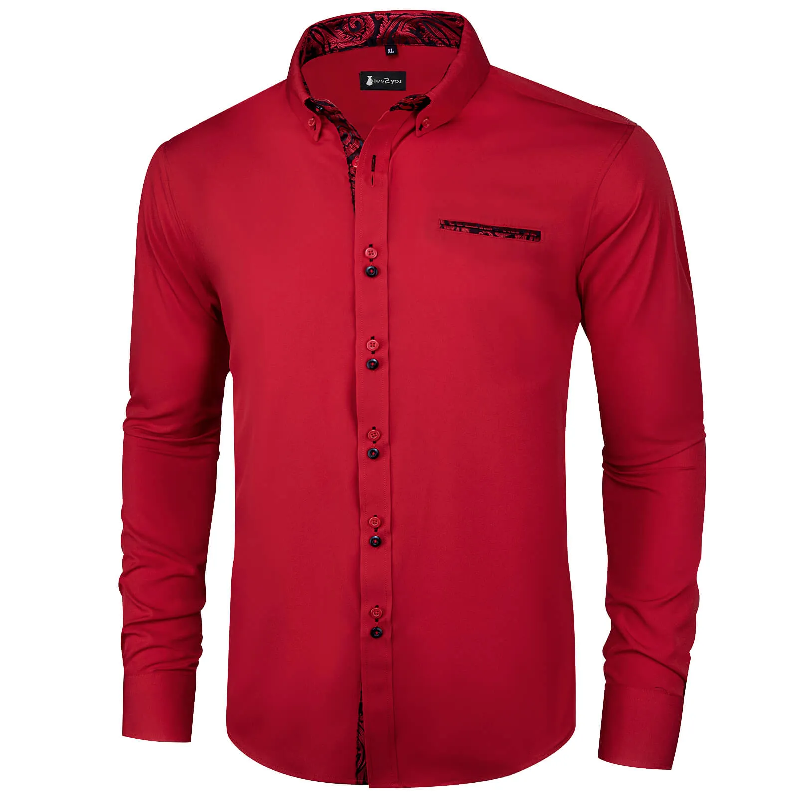 Ties2you Mens Shirt Cranberry Red Solid Shirt Splicing Long Sleeve Shirt sold by Ties2You product image thumbnail 2