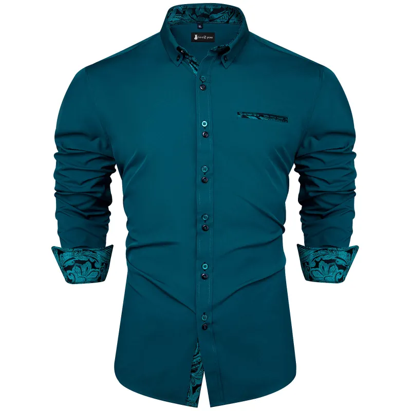 Ties2you Deep Teal Shirt Floral Splicing Long Sleeve Silk Shirt sold by Ties2You